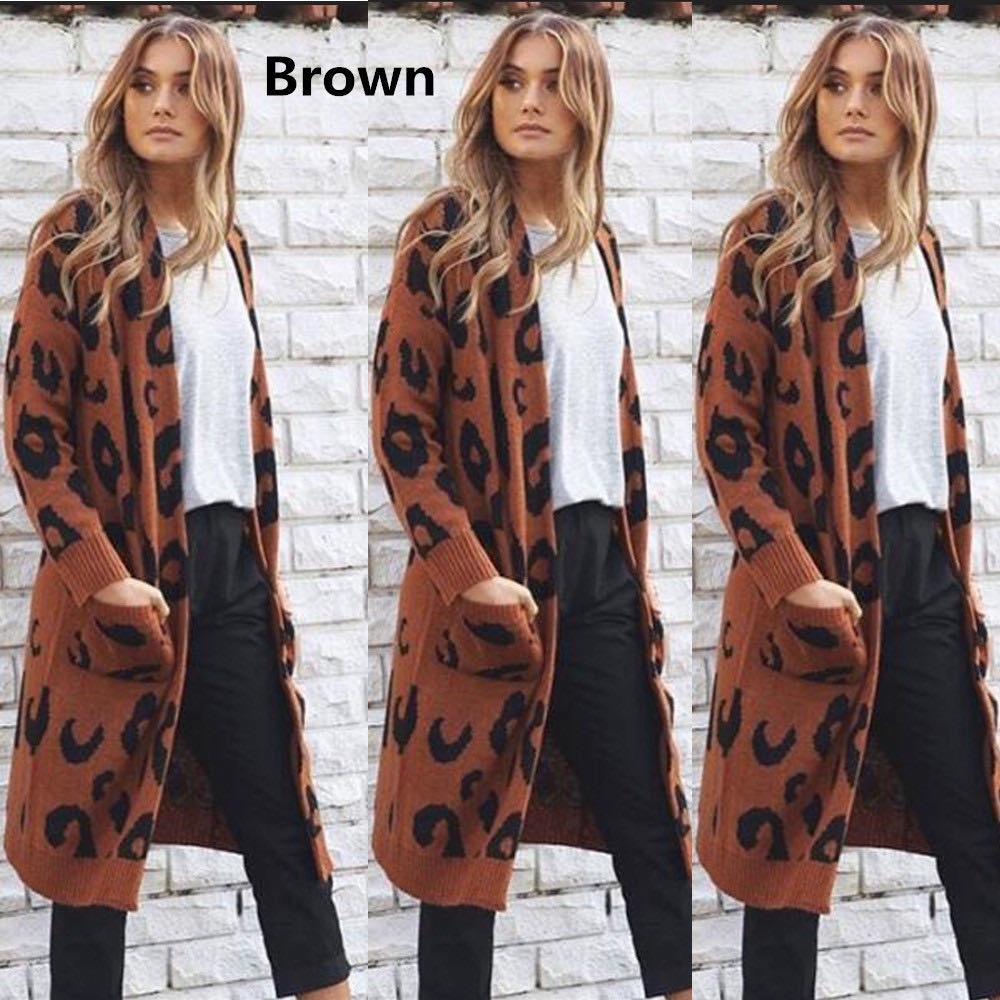 Leopard print long sweater coat cardigan
